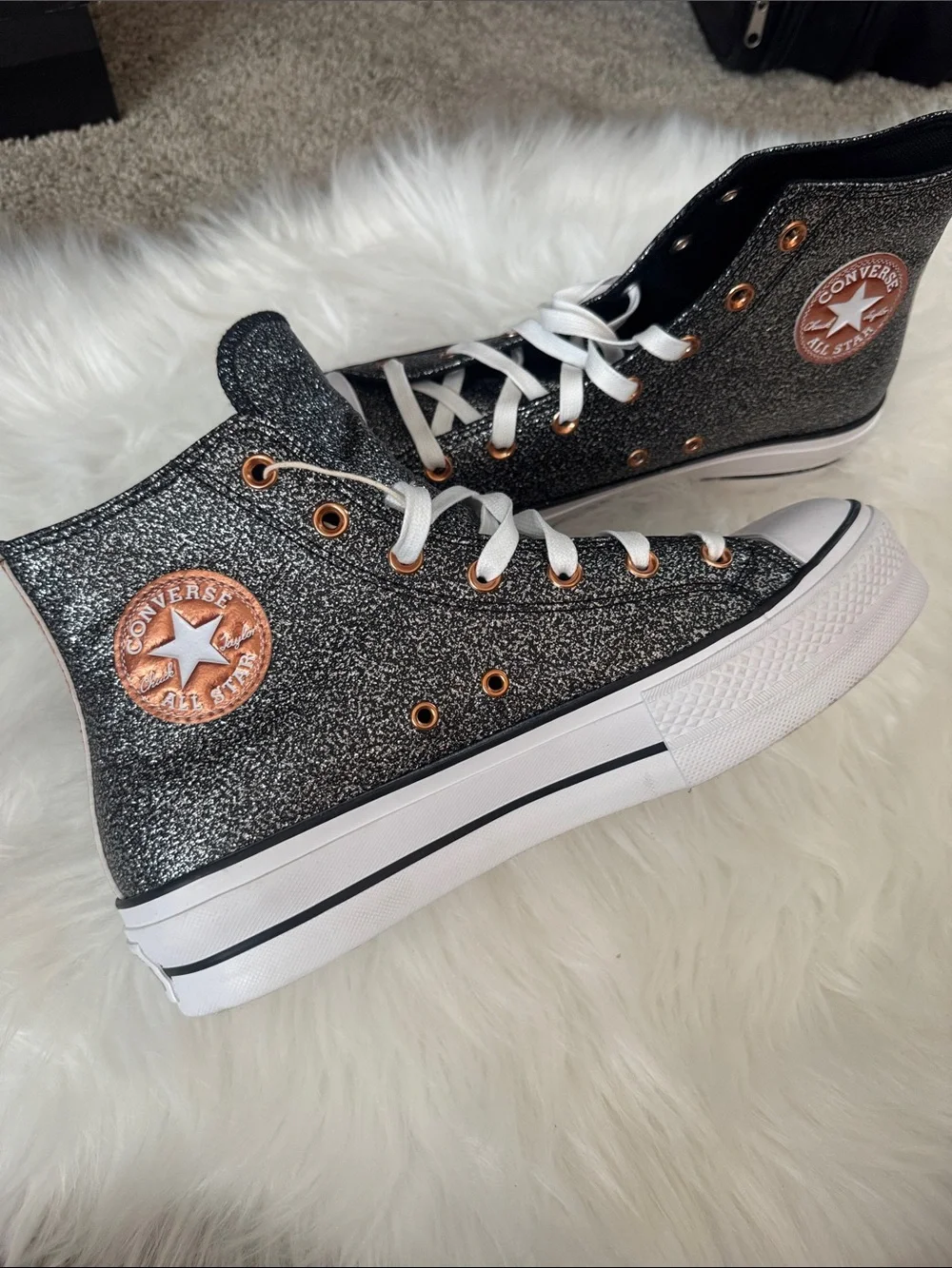 Converse High Top Sneakers - Black Glitter with Rose Gold Details